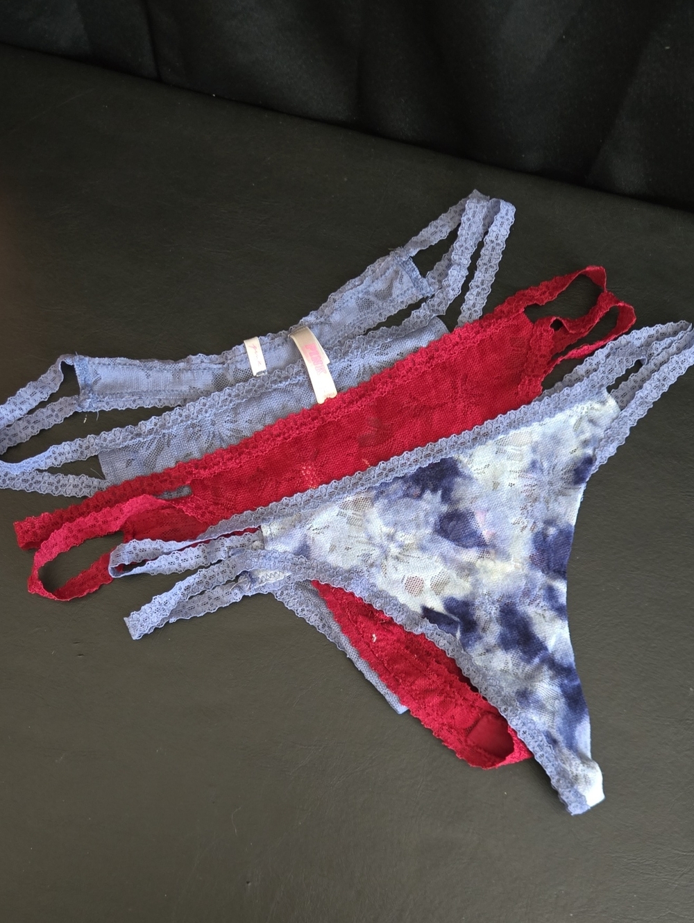PINK Victoria's Secret Lace Thong Set - Red, Light Blue, Tie-Dye Blue - Picture 1 of 7